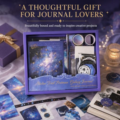 Diuhofart Star Trails Scrapbooking Kit, 128 Pcs Journal Set | Includes A6 notebook, galaxy papers, PET stickers, washi tape and ephemera for celestial journals, cards and memory books. - color: Star Trails Postman