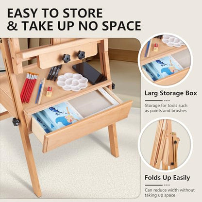 YOKUGO Beech Wood H-Frame Painting Easel with Storage Drawer, Natural | Heavy-duty Studio Easel, Adjustable Height & Angle Floor Easel Stand, Holds 30"-48" Canvas, Foldable Artist Easel for Adults - color: Natural