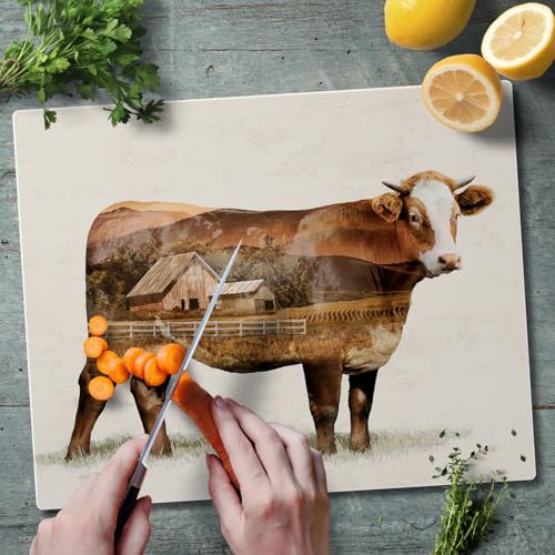 CounterArt Cow Landscape 3mm Tempered Glass Cutting Board 12" x 15" | Serving Board, Charcuterie Board - color: Cow Landscape