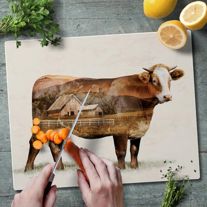 CounterArt Cow Landscape 3mm Tempered Glass Cutting Board 12" x 15" | Serving Board, Charcuterie Board - color: Cow Landscape