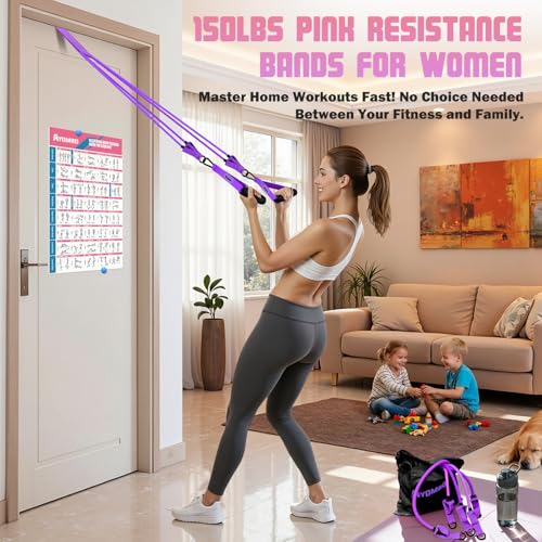 Ayombo Resistance Bands with Handles for Women, 150LBS Exercise Bands Set for Physical Therapy Yoga Pilates, 5 Level Workout Bands for Working Out with Door Anchor, Home Gym Fitness Equipment - color: Purple-150LBS