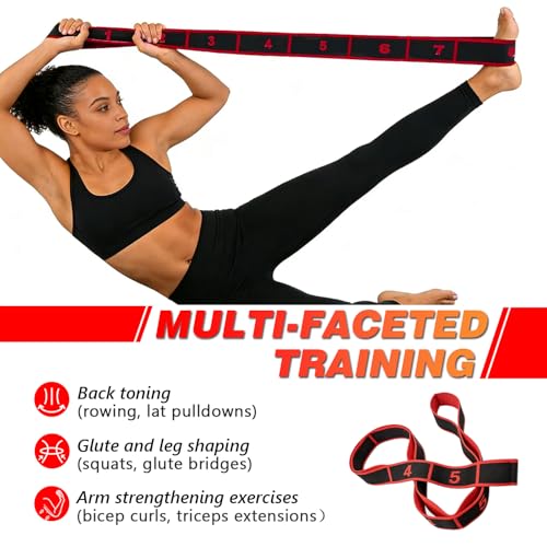 Fitness Stretch Belt, 8 Loop Resistance Band Elastic Training Strap with Numbered Markings for Full Body Workout Physical Therapy, Pilates, Dance & Home Fitness - color: Red Blue Pink