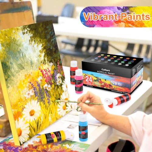 Caliart 24 Colors Acrylic Paint Set with 12 Brushes | Craft Painting kit for Adults Artists Beginners, Halloween Pumpkin Canvas Wood Rock Ceramic Fabric Art Supplies Paints - color: Regular, size: 2 Fl Oz (Pack of 24)