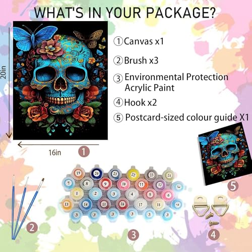 Arttoplus Skull Paint by Numbers Kit for Adults Beginner 16x20 inch | Butterfly Adult Paint by Number Kits on Canvas, Skeleton Oil Painting by Number for Gift Home Wall Decor (Without Frame) - color: MT20323-US