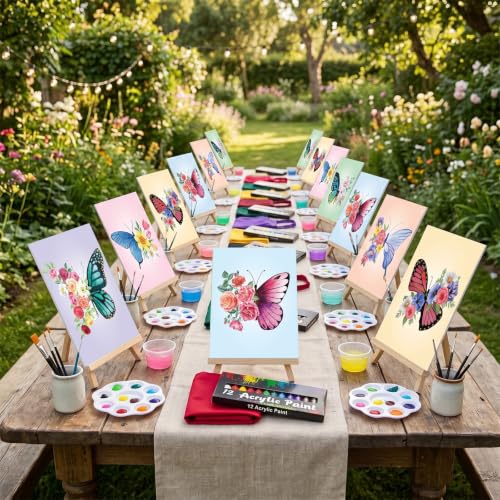 Cholemy 6 Set Paint and Sip Kit for Adults 8"x 10" Pre Drawn Canvas Painting with Wooden Easel Acrylic Paint Wash Cup Brushes Palette Apron for Painting DIY Adult's Date Party Supplies (Butterfly) - style: Butterfly