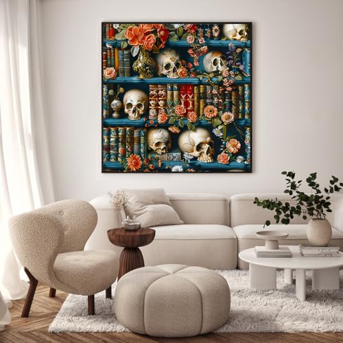 GEEHEIY Paint by Numbers Kit for Adults, Skull Bookself, 16 x 16 Inch | DIY Adult Paint by Number Kit on Canvas for Beginners, without Frame, Gothic Library Wall Decor, Stress Relief Craft Gift - color: TRTDNF1P101