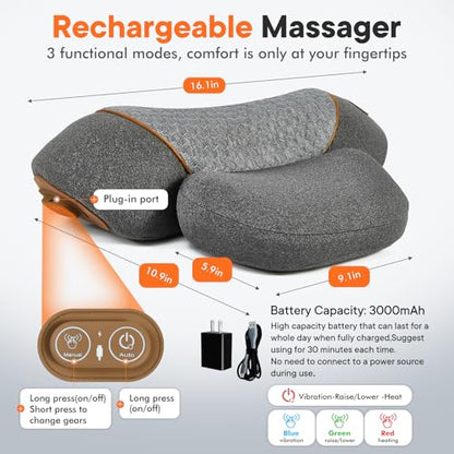 Neck Massager with Heat,3-in-1 Neck Massager Pillow,Ergonomic Cervical Pillow for Neck Back Shoulder Pain Relief,Portable Ergonomic Design,Rechargeable Neck Pillow, Gift for Women/Men