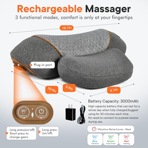 3-in-1 Neck Massager Pillow with Heating & Cervical Traction, Ergonomic Cervical Pillow for Neck Back Shoulder Pain Relief, Rechargeable Neck Pillow (Gray) - color: Gray