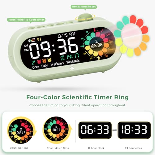 Mooking 3 in 1 Digital Alarm Clock for Bedroom with Visual Timer for Kids - color: Green
