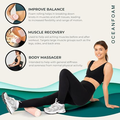 Oceanfoam Ripple Travel Foam Roller (11" x 3.35") Firm Mini Foam Roller for Physical Therapy, Deep Tissue Massage, Back Pain - High Density, Ergonomic Wave Textured - Yoga, Pilates, Exercise (Blush) - color: Blush