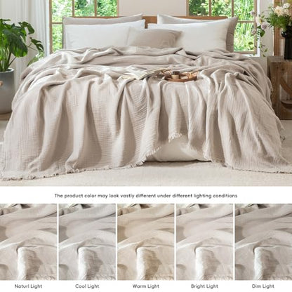 MooMee 100% Cotton Muslin Blanket, Fringed 4-Layer Gauze Bed Couch Throw - color: Cream Grey, size: Throw XL