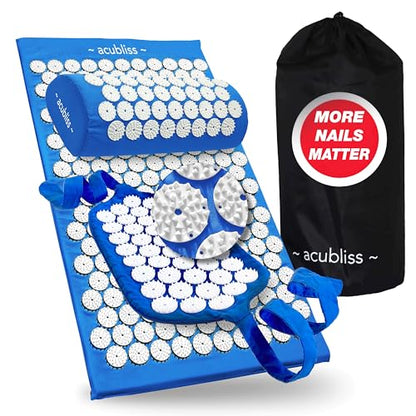 Premium Acupressure Mat, Strap & Pillow 3 piece Gift Set, 12,348 Acupuncture Pressure Points for Back Pain Relief, Increased Energy, Relaxation, Drawstring Bag, Deep Blue - color: Blue - 3 Piece Set