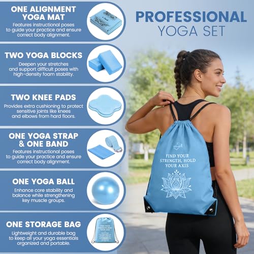 Foldable Non-Slip Yoga Mat and Blocks Set for Women, 9-Pcs Yoga Starter Kit - color: Blue