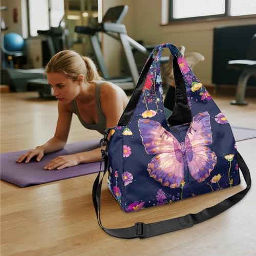 Yoga Mat Bag for Men Women Canvas Yoga Mat Carrier Take In Out Mat Easily for Beach Swim Bags Pool Sports Gym - color: Butterfly purple