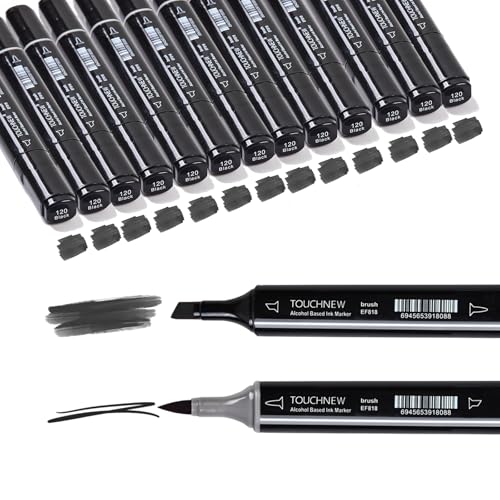 13Pcs Alcohol Markers Pure Color Series,Black Pen Barrel Dual Tip Soft Art Solid Color Markers Set for Adults Beginner Drawing Sketching (Black) - color: Black