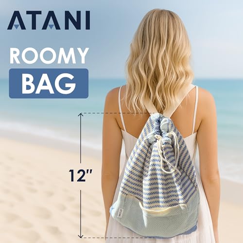 ATANI Turkish Beach Towel, Converts to a Bag, Oversized 100% Cotton Bath Towels Lightweight Quick-Dry Beach Blanket for Travel, Picnic, Camping, Yoga and Pool (Blue, 71 inc x 39 inc) - color: Blue, size: 71 inc x 39 inc