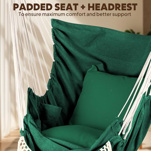 Chihee Hammock Chair Foot Rest 2 Cushions Max 485 lbs Metal Spreader Bar | Robust Hanging Chair Soft Cotton Blended Swing Collapsible Easy Storage Strong Strap Iron Carabiner Pocket Indoor Outdoor - color: Dark Green