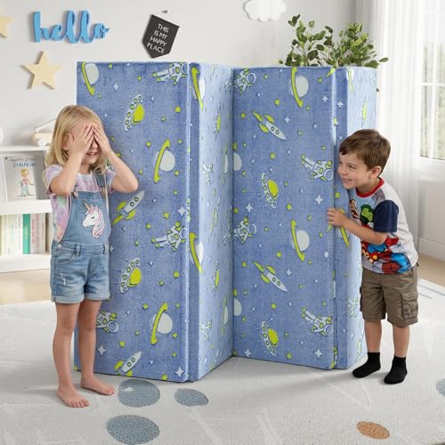 MeMoreCool Kids Floor Mattress, 48x72 Inch Foldable Play Mat, Rocket | Rocket 4x6 ft foam tatami futon mat, foldable kids sleeping mat for playroom floor play area - color: Denim Rocket