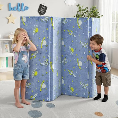 MeMoreCool Kids Floor Mattress, 48x72 Inch Foldable Play Mat, Rocket - color: Denim Rocket