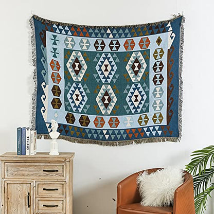 Luxlovery Blue Bohemian Sofa Throw Blankets Ethnic Woven Boho Geometric Blue and Khaki Throw Blanket for Couch Aztec Bed Throws Oversized Chair Sofa Cover with Tassels(63"x86") - color: Blue Turkey, size: 63"x86",160x220cm