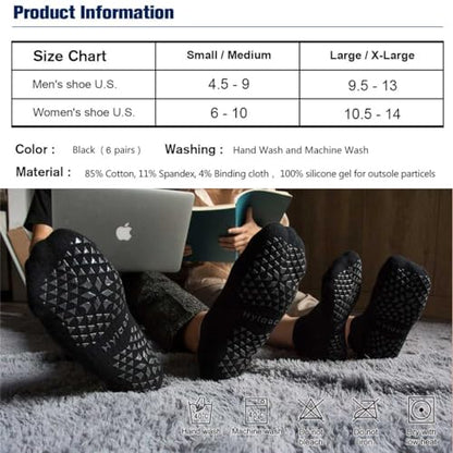 Hylaea Unisex Non Slip Socks with Grip for Yoga, Hospital, Pilates, Barre | Ankle, Cushioned - color: 6 Pairs Black, size: Small-Medium