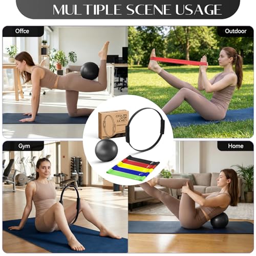 Pilates Kit, 13.5" Pilates Ring with Mini Ball & Resistance Bands | Home Pilates Equipmen Set, Magic Circle Ring with Anti-Slip Handles for Beginners, Workout Guide Included - color: Pilates Kit - Black