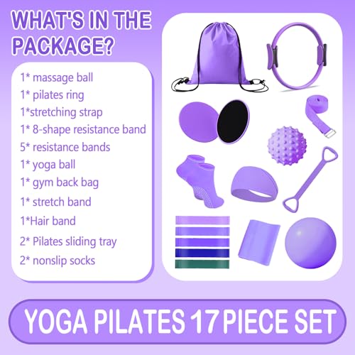 Pilates Ring Circle Set for Women, 17 Pcs Yoga Equipment Sets, with 14'' Yoga Ring, Massage Ball, Resistance Bands, Hip Thrust Belt, Hair Band, Anti Slip Socks for Legs Arms and Thighs - color: Purple
