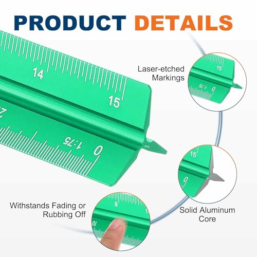 HARFINGTON 2 Pcs Architectural Scale Ruler, 12 Inch Metric Aluminum Alloy Architect Triangular Small Scale Laser-Etched Blueprint Drafting Ruler for Architects Engineers, Green - color: Green, size: 12 Inch