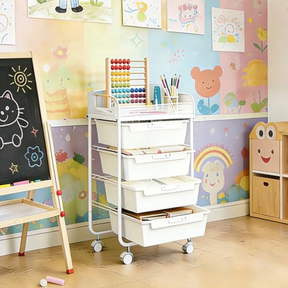 SYKIARIOL 4-Drawer Rolling Storage Cart with Mesh Top,White | Utility Craft Organizer Cart on Wheels with 4 DIY Labels, Rolling Drawer Cart for Home Office Classroom Bedroom - color: Cream White