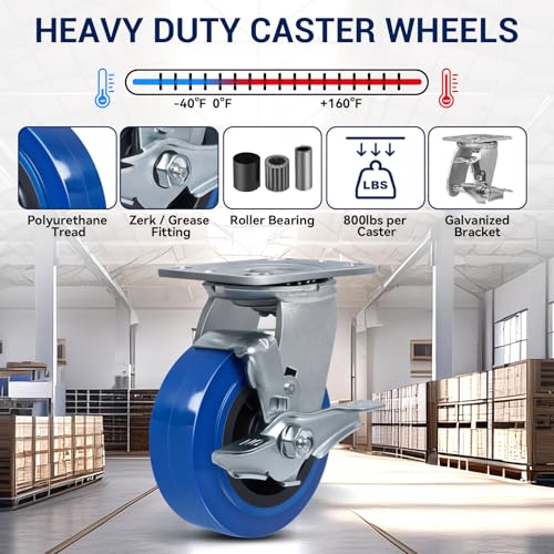 5'' X 2'' Casters, Heavy Duty Caster Wheels, Industrial Swivel Casters Set of 4 with Load 3200lbs, Polyurethane on Polyolefin Core with Roller Bearing (2 Brake & 2 Swivel) - style: 2 Brake & 2 Swivel