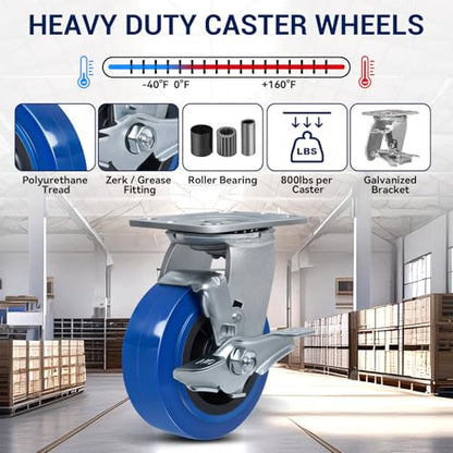 5'' X 2'' Casters, Heavy Duty Caster Wheels, Industrial Swivel Casters Set of 4 with Load 3200lbs, Polyurethane on Polyolefin Core with Roller Bearing (2 Brake & 2 Swivel) - style: 2 Brake & 2 Swivel