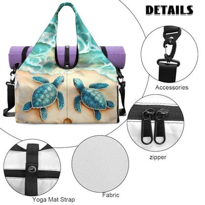 Gym Bag with Yoga Mat Holder Large Tote Bag With Multi Pockets for Women Men Dry Wet Separated Pocket Carryall Yoga Tote Bag for Pilates Travel Workout Office - color: Cute Sea Turtle