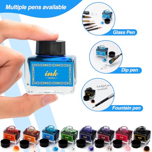 8 Bottles Dip Pen Ink Set - 8 Vivid Colors for Fountain, Glass, Calligraphy, Feather, Quill, and Witch Pens - Premium Writing and Drawing Inks
