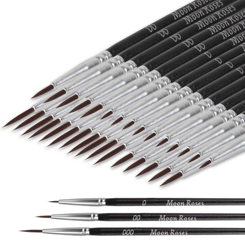 Moon Roses 30 Pcs Miniature Detail Paint Brush Set | Tiny Liner Brushes, 3 Sizes (0, 00, 000), Fine Tip for 40K Model Crafts, Watercolor Acrylics Oil & Nail Painting