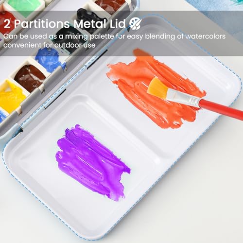 Blue Metal Watercolor Tin Palette - Empty w/ Paint Tray & 14 Half Pans - Robust & Functional - Perfect for Plein Air & Studio Painting - style: Far Mountain