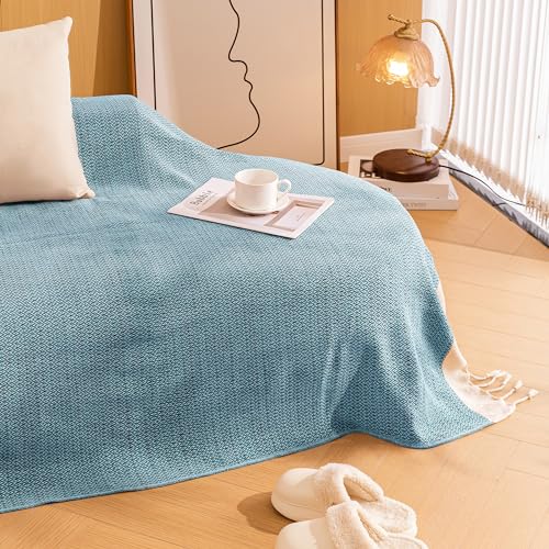 Peshtemania Premium Cotton Throw Blanket, 50x60 inches, Light Blue, Turkish Herringbone, Farmhouse Decor, Yoga Blanket, Picnic Blanket