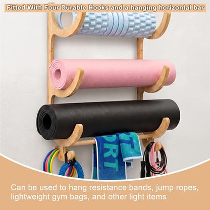 Upgraded 3 Tier Wooden Yoga Mat Rack Wall Mount with Bottom Hanging Bar