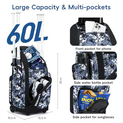 KAVIGOR Rolling Baseball Bag with Wheels, 60L Capacity Softball Bag Holds 4 Bats for Boys and Girls, Youth Equipment Bag with Shoe Compartment - color: Blue Camo