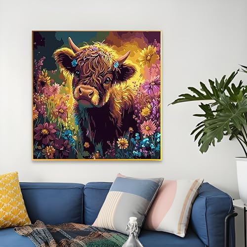 OJTOYART Highland Cattle Paint by Numbers Kit for Adults Beginners, Chrysanthemum Paint by Number Kits on Canvas, DIY Acrylic Oil Painting Kits for Home Wall Decor 16 x16 Inch - color: MT22784