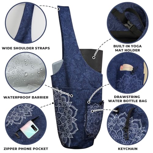 Yoga Mat Bag Carrier for Women Workout Large Waterproof with Zipper Pocket, Keychain and Wide Shoulder Straps - color: mandala