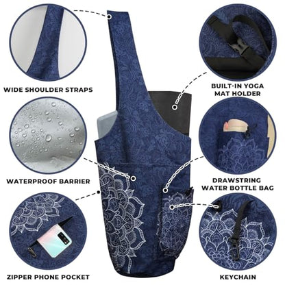 Yoga Mat Bag Carrier for Women Workout Large Waterproof with Zipper Pocket, Keychain and Wide Shoulder Straps - color: mandala