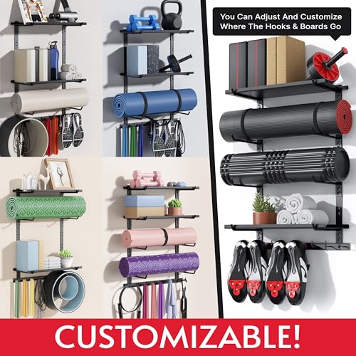 Home Gym Wall Storage Shelf, 2 Boards & 4 Adjustable Holders Sets | 2 boards, gym wall storage shelf with 4 adjustable holder sets and 8 hooks for mats, bands, shoes and workout gear - style: With 2 Boards