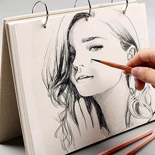 Retro Spiral Sketchbook Linen Hardcover 120 Pages 160GSM Thick Refillable Loose Leaf Notebook for Art Drawing Stationery School Supplies (Large)