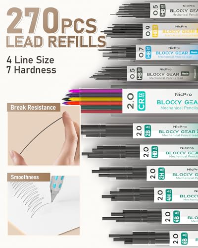 Nicpro 36PCS Blocky Gear Art Mechanical Pencil Set with Case | Metal Mechanical Pencils 0.5/0.7/0.9/2mm Lead Holder for Drawing Sketching with 20 Tubes (6B 4B 2B HB 2H 4H Colors) Refills - style: 6 PACK