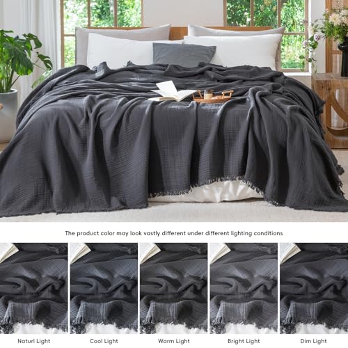 MooMee 100% Cotton Muslin Blanket, Fringed 4-Layer Gauze Bed Couch Throw - color: Dark Grey, size: Twin XL