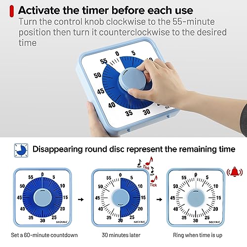 Secura 60-Minute Visual Countdown Timer, 7.5-Inch Oversize Classroom Visual Timer for Kids and Adults, Durable Mechanical Kitchen Timer Clock with Magnetic Backing (Navy Blue) - color: Navy Blue