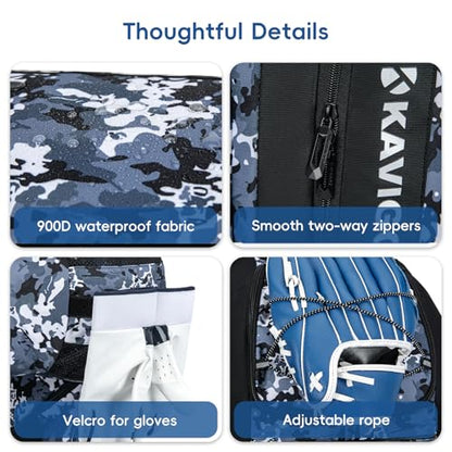 KAVIGOR Rolling Baseball Bag with Wheels, 60L Capacity Softball Bag Holds 4 Bats for Boys and Girls, Youth Equipment Bag with Shoe Compartment - color: Blue Camo