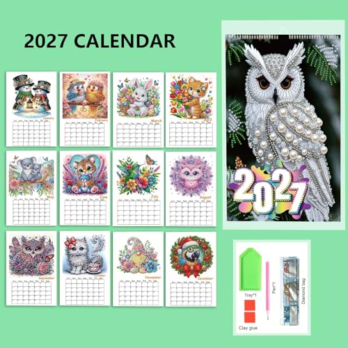2027 Wall Calendar DIY Diamond Art Painting Hanging Calendar 9.9" x 6.7" Hanging Loop from January 2027 to December for Home Office Planning-Animals - color: Animals