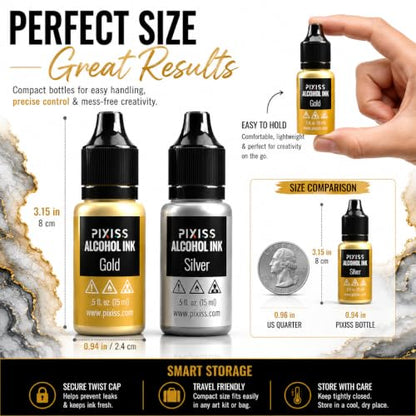 Pixiss Metallic Alcohol Ink Set - Silver and Gold Metallic Alcohol Ink Mixatives, 0.5oz Metallic Alcohol Pigment Resin Dye, Alcohol Inks for Epoxy Resin, Metallic Mixative for Yupo and Tumbler Cups