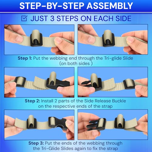 TECEUM 3/4" Nylon Strap Kit with Buckles, Cream 6 yards Repair Set | Heavy duty hardware kit: 6yd webbing, 6 quick release buckles, 12 tri-glide slide clips, 6 metal D-rings for crafting. - color: Cream, size: 3/4" - 6 yards, style: 6 Buckle - 12 Slides -